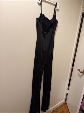 Fashion Nova Black Lace-Panel Slip Jumpsuit